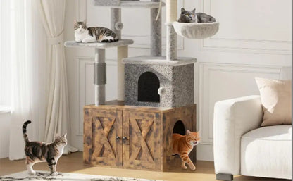 Garvee 2-in-1 Wooden Cat Tree with Hidden Litter Box Enclosure, Multi-Level Cat Tower with Scratching Posts, Cat Condo, Platforms & Hammock, Indoor Cat Washroom Furniture, Brown