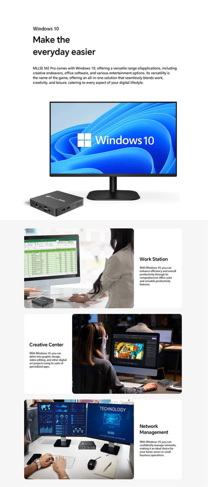 Mini PC MLLSE M2 Pro, processor Intel J3710, 8 GB RAM, ROM Go, Wi-Fi 5, BT 4.2, Windows 10 miniature desk computer