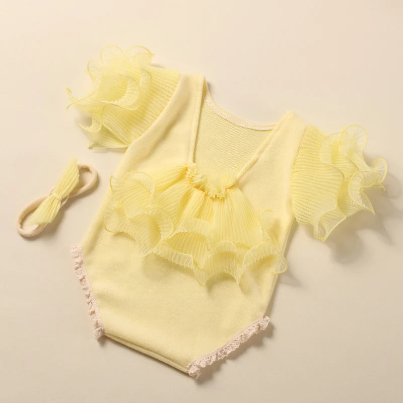 Ylsteed 2 Pieces Set Beige Newborn Photography Costume Lace Romper Bow Headband Set Baby Girl Photo Shooting Outfits
