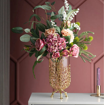 Gold Hollow Coral Vase Transparent Glass Vase Ornament Metal Rack Living Room Hydroponic Flower Arrangement Home Decoration