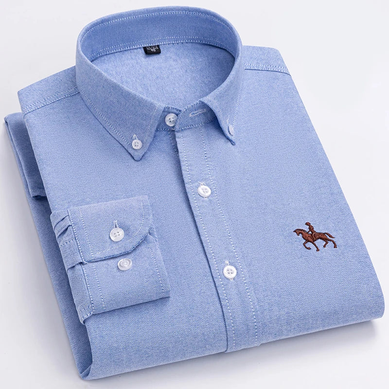 Basic Oxford Dress Shirt For Men Long Sleeve 100% Pure Cotton Solid  Casual Plaid Striped Social Business Male Regular-Fit S-6XL