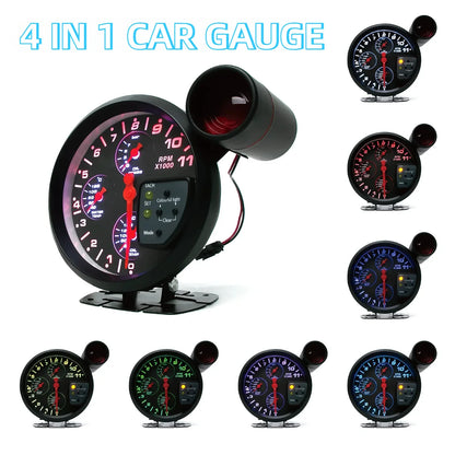 5" Car Gauge 4-in-1 Tachometer Water Temperature Oil Temperature Oil Pressure Gauges Multifunctional Gauge with Alarm Function
