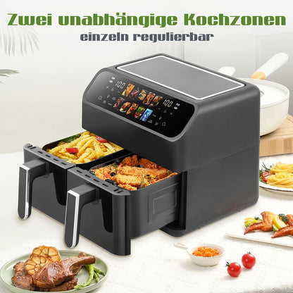 Sinaopus 9L Dual Basket Air Fryer – Oilless Cooker with LED Touch Control & Visible Window, 10-in-1 Multifunction, Family Smart Air Fryer Oven for Home