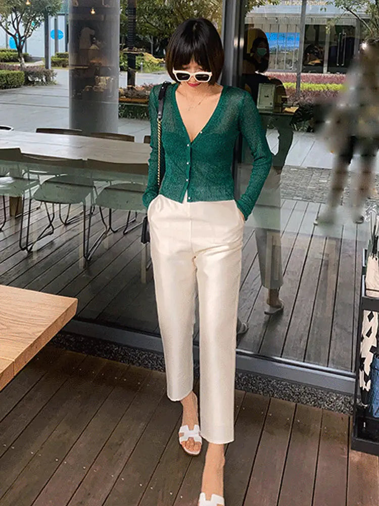Women Shiny Gold Thread Spring Summer Ice Silk Knitted Cardigan Ribbed Pearl Button Sun Protection Top V-neck Ice Silk Knitwear