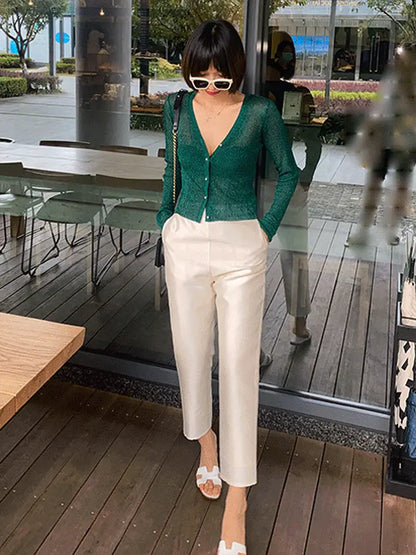 Women Shiny Gold Thread Spring Summer Ice Silk Knitted Cardigan Ribbed Pearl Button Sun Protection Top V-neck Ice Silk Knitwear