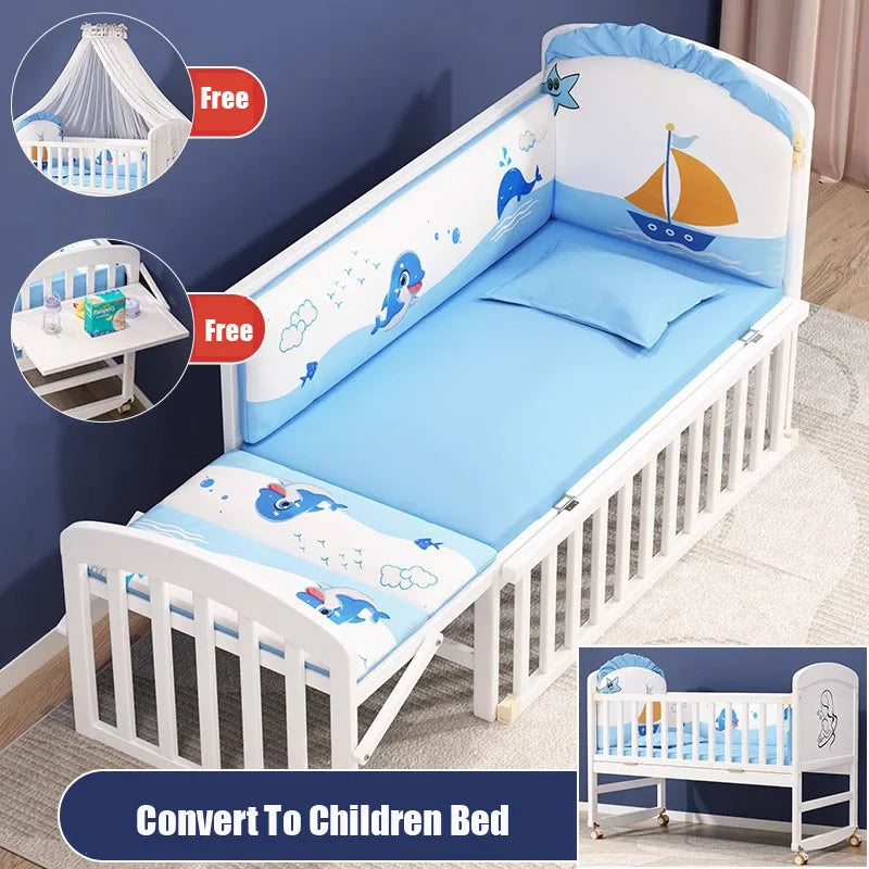 Wood Baby Crib With Mosquito Net And Diaper Table Convert To Kids Bed, Bedding Set, Baby Cot, Bed, Rocker Mattress