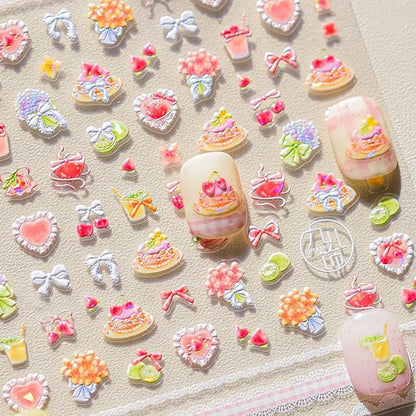 5D Pudding Jelly Dessert Fruit Cherry Pink Claw Print Bowknot Tie knot Love Heart Stars Nail Art Sticker Adhesive Manicure Decal