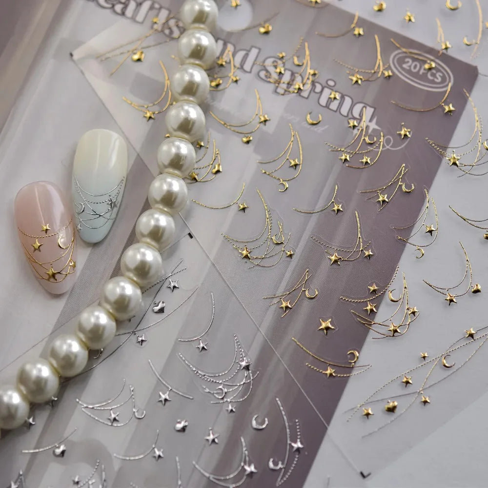 1Pcs 5D French Star Moon Chains Nail Art Stickers Gold/Silver Curved Lines,Starlight Nails Slider Self-Adhesive Manicure Decal &
