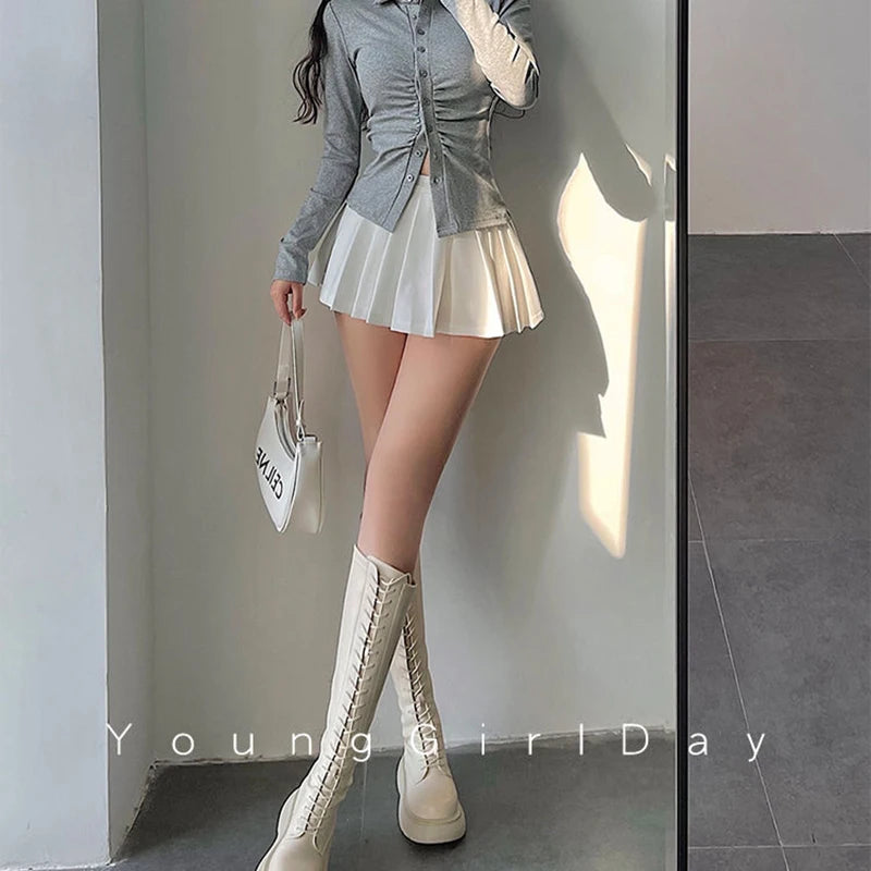 Pleated Skirt with Shorts Women Sexy High Waist Irregular White Black A-line Gyaru Tennis extreme Mini Skirt School
