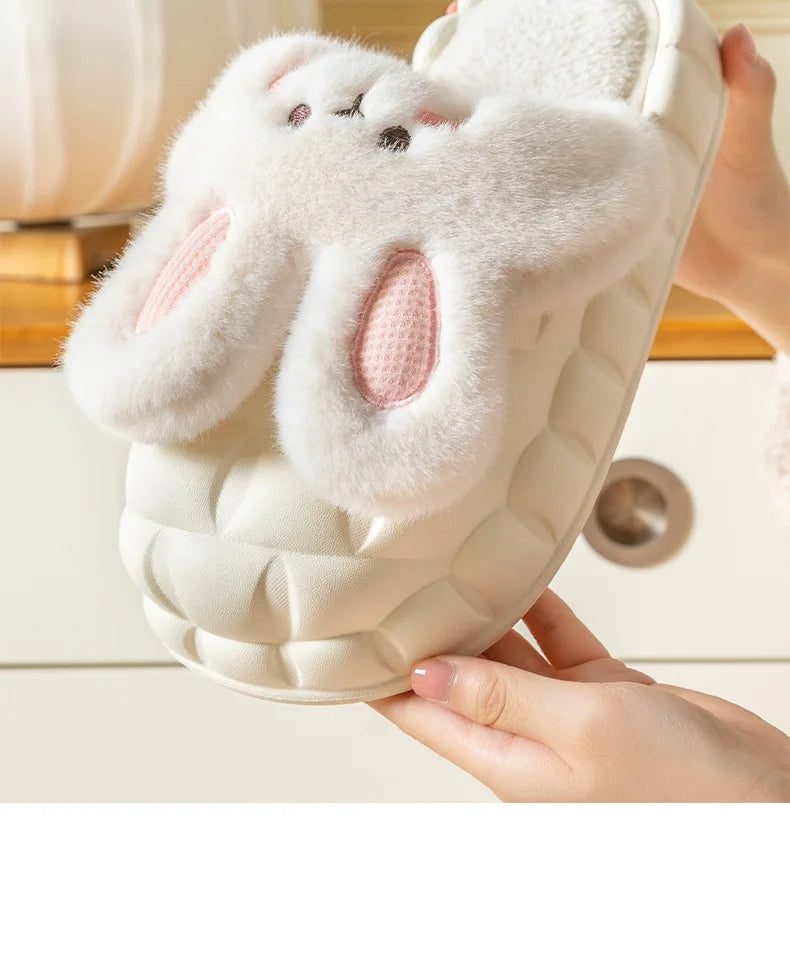 Mo Dou 2022 Winter Warm Women Slippers Waterproof Vamp Cute Rabbit Bear Decoration Indoor Outdoor Shoes Soft Plush Men Slippers