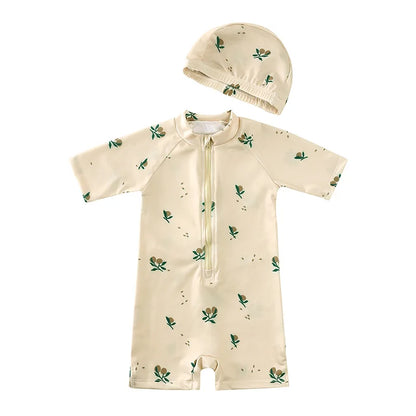 Baby Toddler One-piece Swimsuit With Hat Cartoon Print Kids Short Sleeve Zipper Swimwear Sun Protection For 0-7Y Boys Girls
