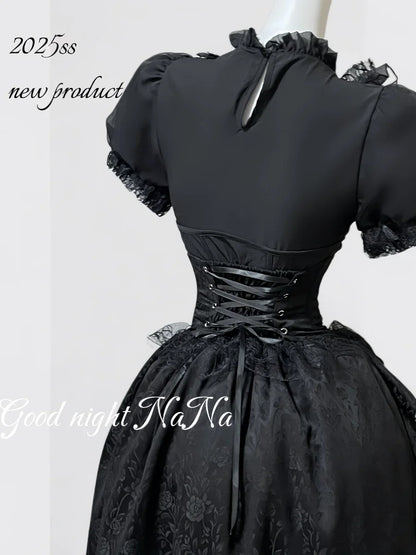 Gothic Dark Black Vintage Lace Blouse Retro Punk Light Lolita Short Sleeves Lace-up Slim Top and Multi Layers Skirt Set 2pcs Set