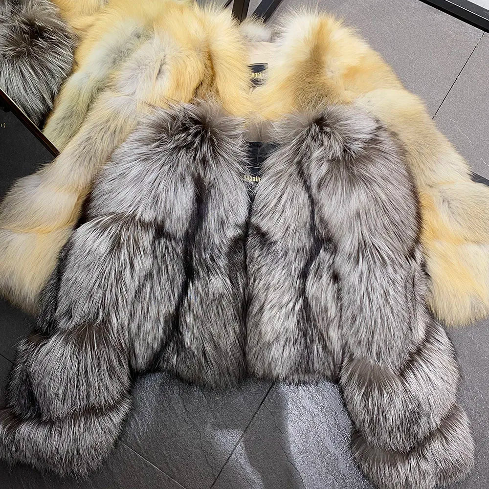 YOLOAgain Women's Natural Fox Fur Jacket 2025 Winter Warm Luxury Real Fox Fur Coat