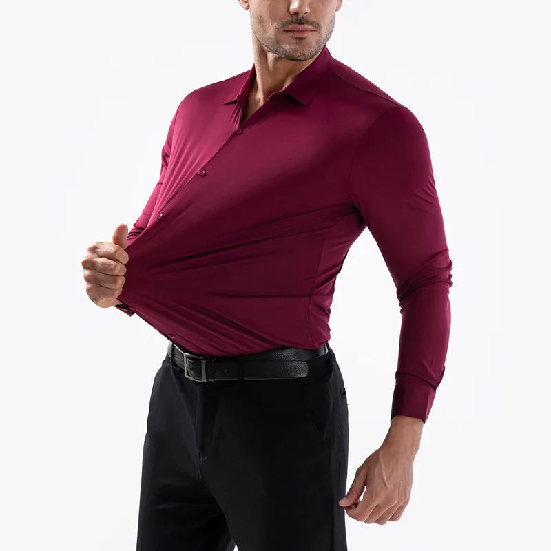 100KG Non-Iron Four-way High Stretch Men's Long Sleeve Shirt Silky Soft Sommth Blue Black Business Party Wedding Male Clothing