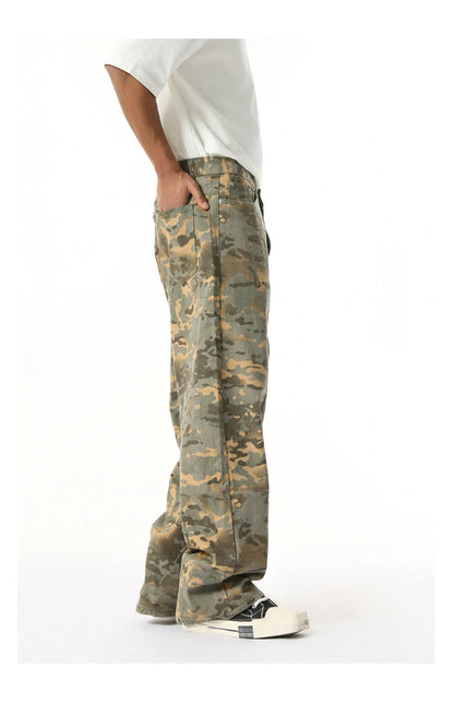 2025 Four Seasons Men's Youth Popular Multi color Pattern Camouflage Pants Basic Versatile Straight Wash Casual Cowboy Pants