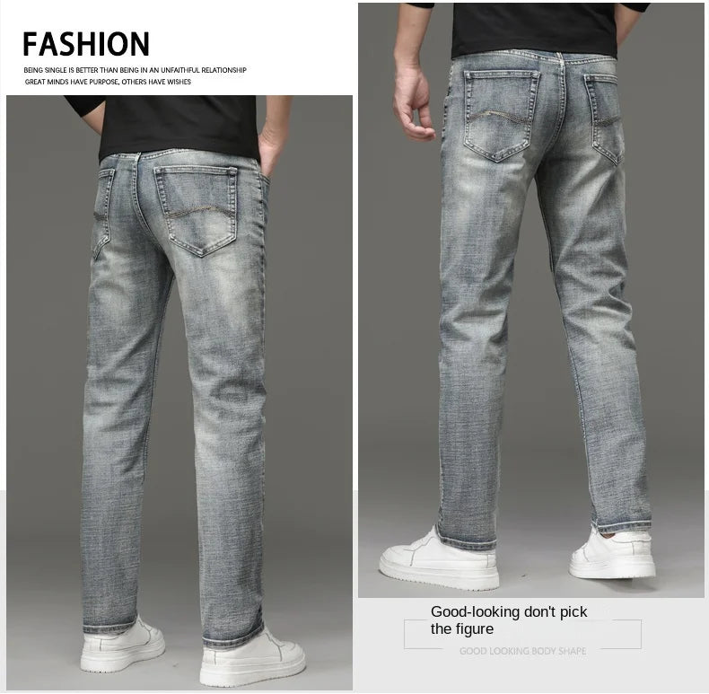 High-end Light Luxury Brand Jeans Men's Retro Slim Fit Straight Versatile Casual Gray Trousers Autumn and Winter Thick Jeans
