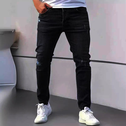 Men's American Retro Hole-Punched Stretch Slim Fit Jeans Zipper Casual Streetwear Denim Pants Classic Black Blue Skinny Trousers