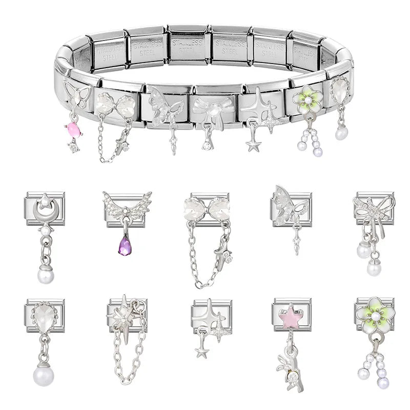 New Shiny Zircon Heart Butterfly Flower Star Bow Italian Charm Links Fit 9MM Stainless Steel Bracelet Girls' DIY Making Gift