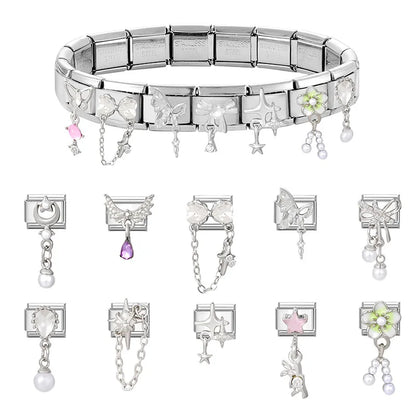 New Shiny Zircon Heart Butterfly Flower Star Bow Italian Charm Links Fit 9MM Stainless Steel Bracelet Girls' DIY Making Gift