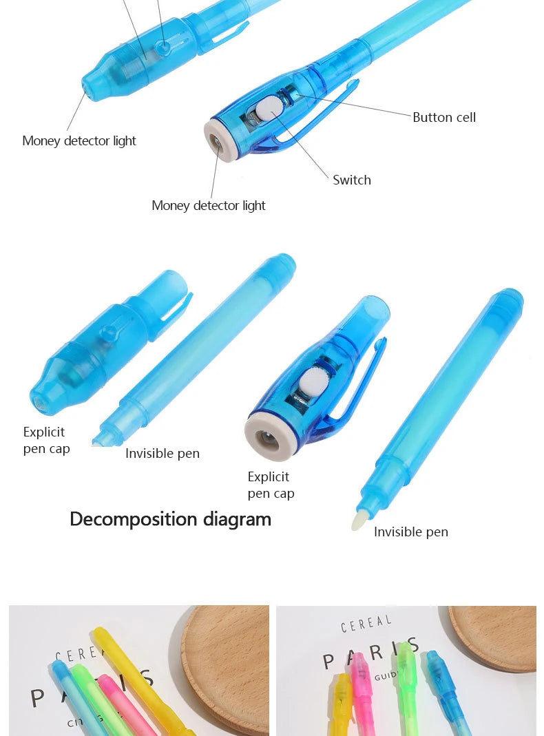 5Pcs 2 in 1 Luminous Light Invisible Ink Pen with UV Light Check Money Light Toy Kids Drawing Secret Magic Pens Fluorescent Pen