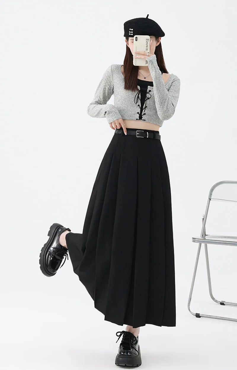2026 New Women's Pleated Maxi Skirts Autumn High Waisted Zipper Jk Long Skirt Woman Elegant Loose Design Big Swing A-Line Skirts
