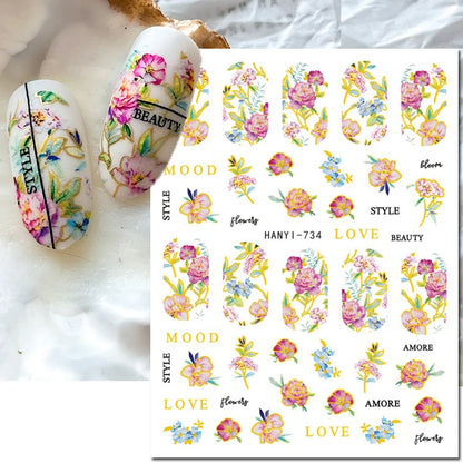 3d Nail Art Decals Elegant White RoyalBlue Roses Flowers Adhesive Sliders Nail Stickers Decoration For Nail Manicure