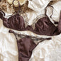 French Ultra Thin Women Lingerie Set Sexy Satin Lace Splicing Comfort Bras Leopard Print Temptation Bra and Thong Sets Underwear