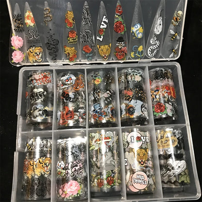 New Flower Nail Foils for Transfer Paper Stickers Floral Adhesive Fruit Nails Wraps Fish DIY Water Marble Nail Art Decorations