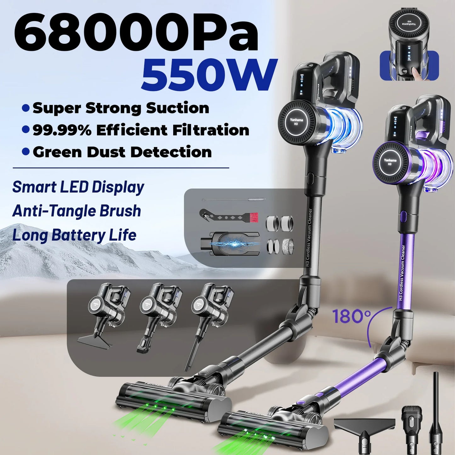 Yanhama Cordless Vacuum Cleaner - 68000Pa/550W Stick Vacuum with Charging Wall Dock, Lightweight Handheld Vacuum for Carpet