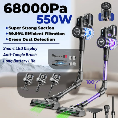 Yanhama Cordless Vacuum Cleaner - 68000Pa/550W Stick Vacuum with Charging Wall Dock, Lightweight Handheld Vacuum for Carpet