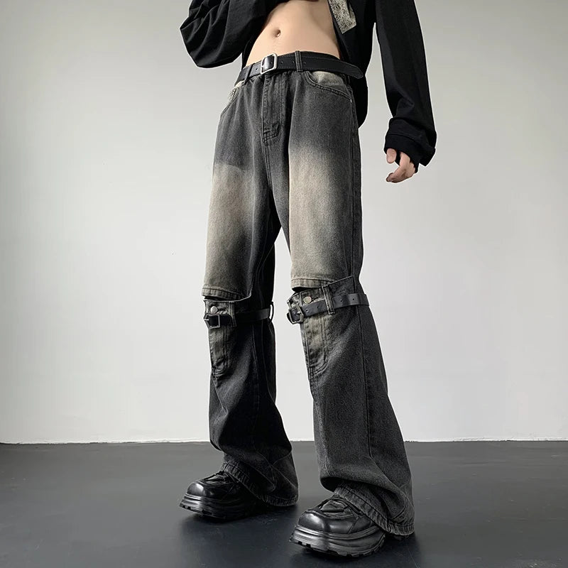 Men's Jeans Retro Trousers Knee Holes Splicing High Street Loose Denim Trousers Flared Jeans Straps Cowboy Casual Long Pants