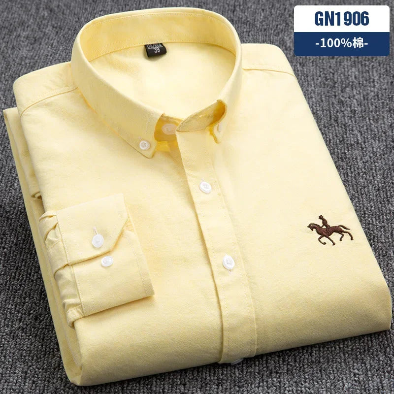 Casual cotton men's shirt slim fit horse logo bottom inch shirt Oxford spinning long sleeved striped shirt