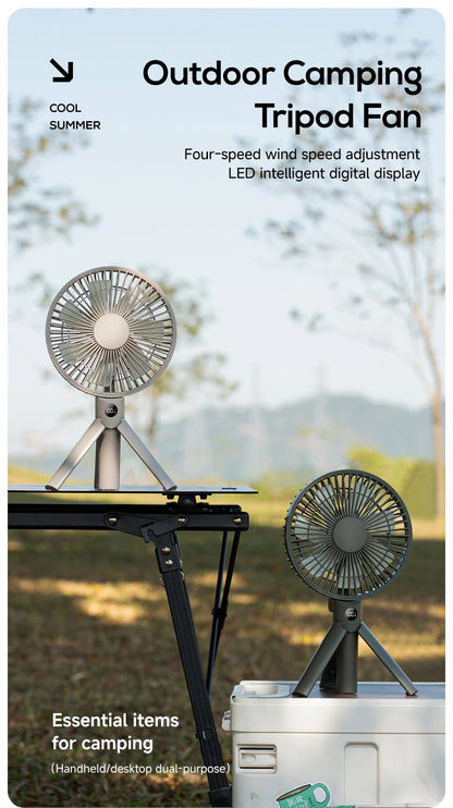 XIAOTREE Portable Handheld Rechargeable Fan LED Digital Display 180°Adjustable Rechargeable Fan 4 Speed Wind Camping Tripod Fan