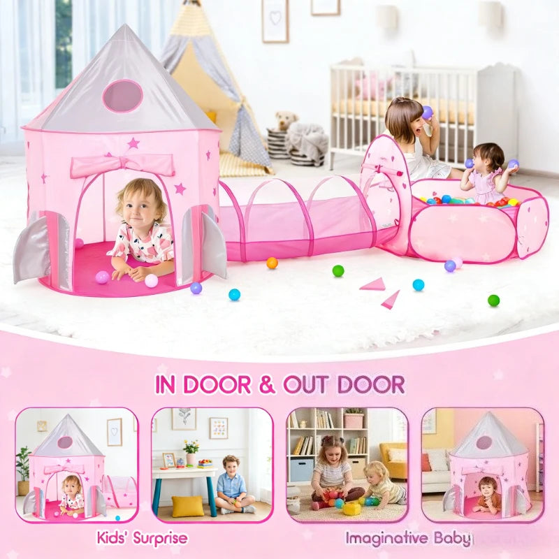 Pink Kids Tent with Tunnel & Ball Pit, Princess Play Tent for Girls, Indoor Outdoor Baby Ball Pit Playhouse with Basketball Hoop