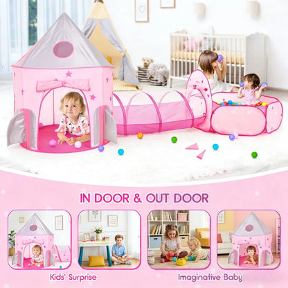 Pink Kids Tent with Tunnel & Ball Pit, Princess Play Tent for Girls, Indoor Outdoor Baby Ball Pit Playhouse with Basketball Hoop