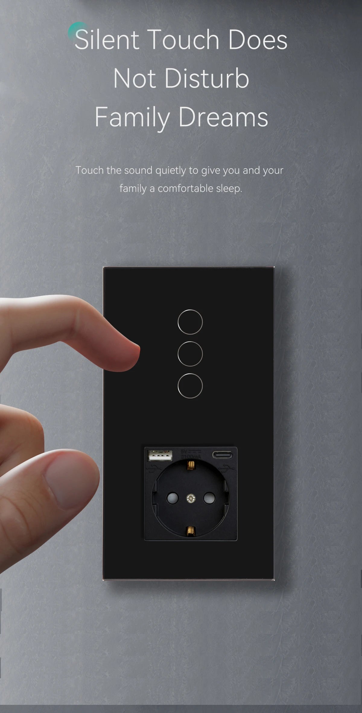 BSEED Touch Light Switch With EU USB Wall Sockets Black Wall Led Switches 1/2/3Gang 1Way Crystal Dark Blue Backlight Wall Switch