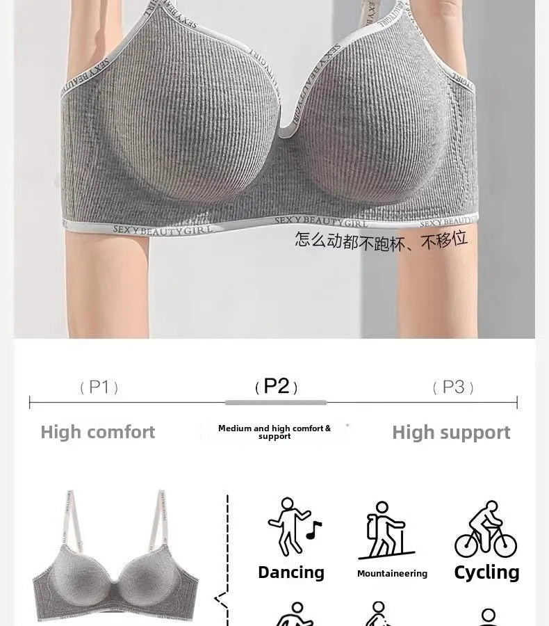 6cm Thickened Push-Up Bra for Small Chest Wireless No Steel Ring Letter Print Adjustable Straps Anti-Slip Pads Seamless Lingerie