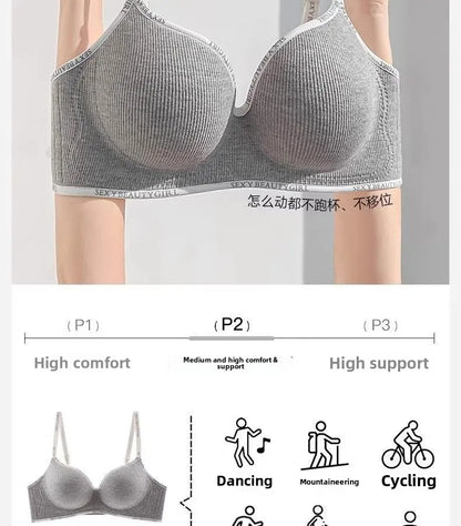 6cm Thickened Push-Up Bra for Small Chest Wireless No Steel Ring Letter Print Adjustable Straps Anti-Slip Pads Seamless Lingerie