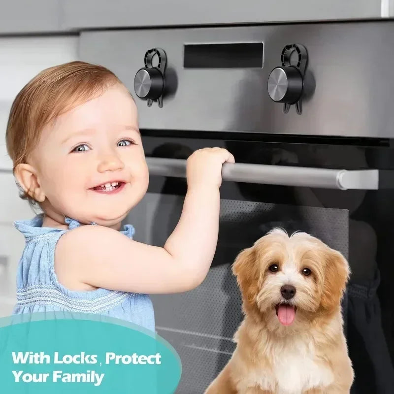 Stove Knob Locks Child Proof Safety Covers for Gas Burner Oven Knobs Includes Door Handle Guards for Complete Home Protection