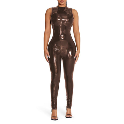 PVC Sleeveless Jumpsuit for Ladies, Wet Look, Shiny Patent Leather, O-Neck Bodycon, Tank Catsuit, Stretch Slim Rompers, Sexy