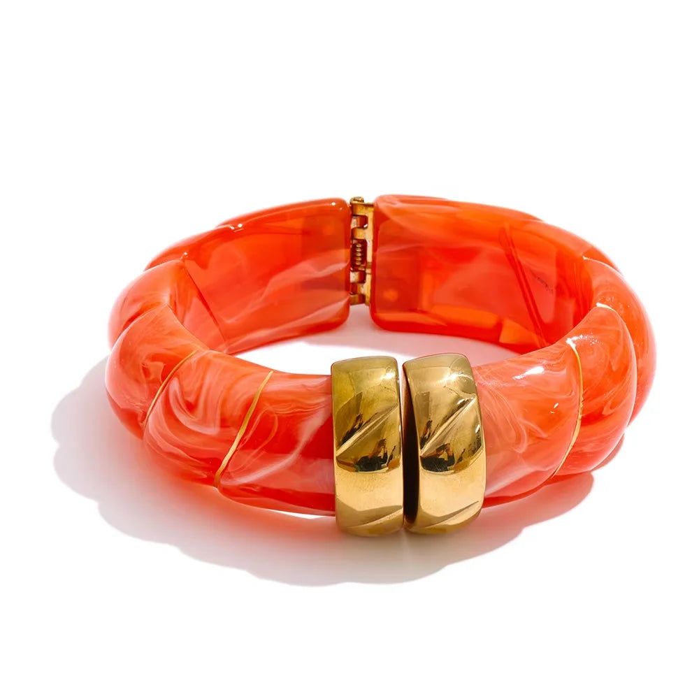 Yhpup Exclusive Multi-Color Acrylic Resin Wide Statement Bracelet Bangle Stainless Steel Autumn Winter Sweater Wrist Jewelry