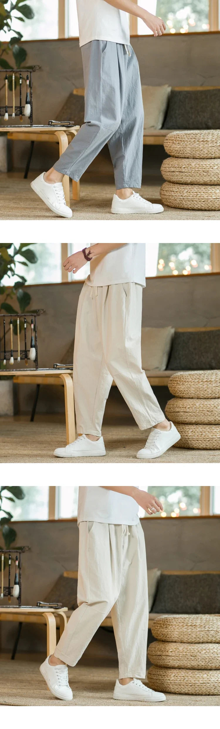 Streetwear Men Cotton Trousers Casual Solid Color Long Pants Breathable Drawstring Straight Pants Harem Pants Men Baggy Pants
