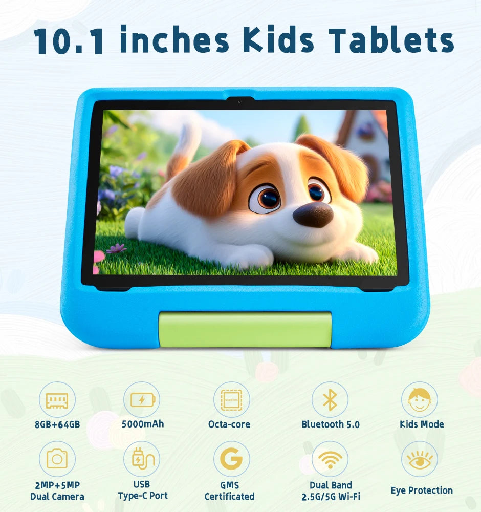 Kids Tablet, 10.1-inch Children 2025 Android 15 Tablets with Eye Protection Screen, 8GB(4+4GB) RAM 64GB Storage, 5000mAh Battery
