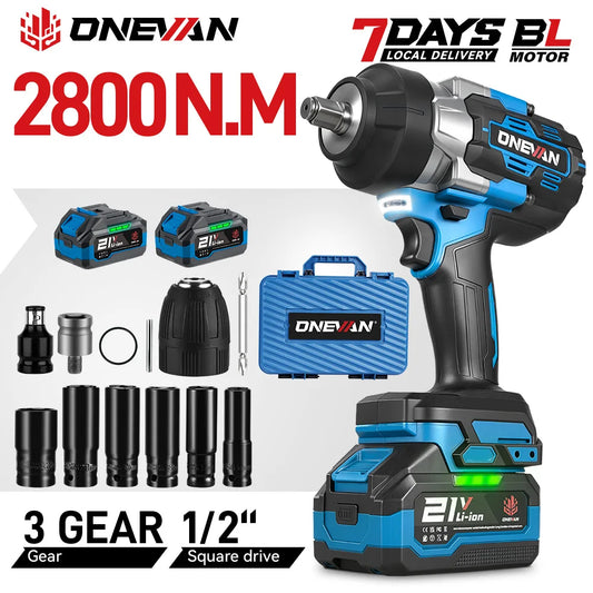 ONEVAN 2800N.M High Torque Brushless Electric Wrench Cordless 1/2 Inch Screwdriver Impact Drill Tool For Makita 18V Battery Pin