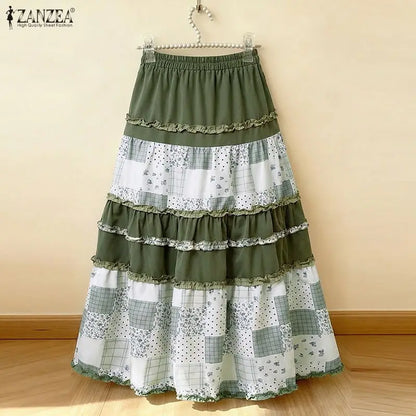 ZANZEA Oversized Long Skirts Women High Waist Print Patchwork Maxi Bottoms Casual Loose Elastic Waist Fashion Jupes Faldas Saia