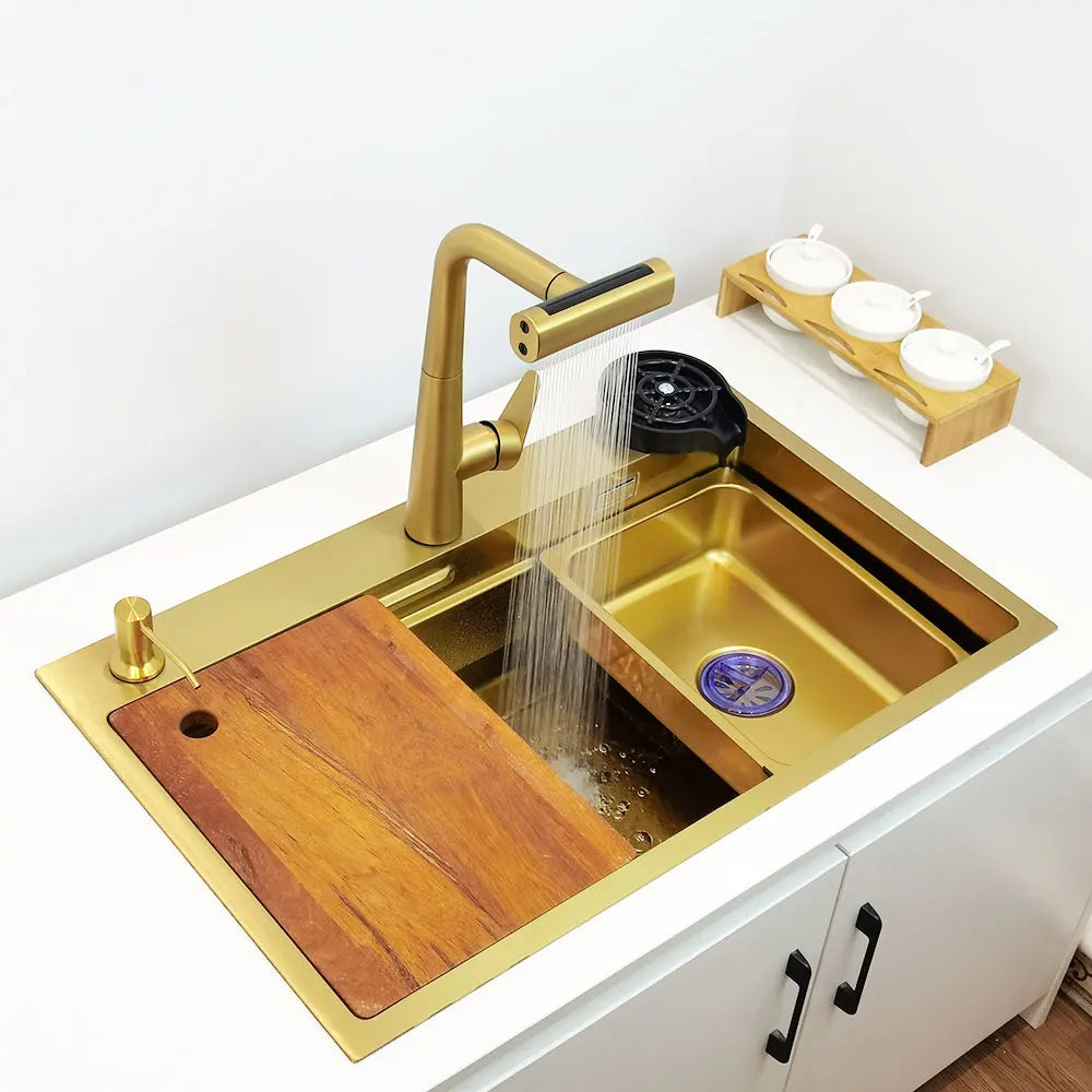 Gold Waterfall Faucet Kitchen Sink Nano Sink 304 Stainless Steel Golden Topmount Single Bowl Wash Basin 4 Function Kitchen Faucet