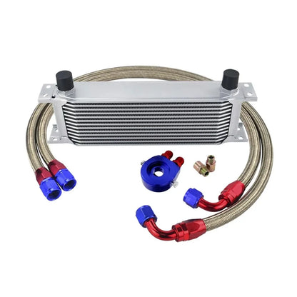 Universal 13 Rows Oil Cooler Kit + Oil Filter Sandwich Adapter + Nylon Stainless Steel Braided An10 Hose W/ PQY Sticker+Box