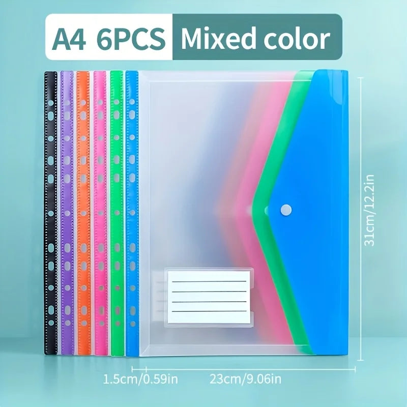 6PCS A4 Binder Pockets File Bags,11-Hole Expanding Binder,Transparent File Bag with Record Label,Suitable for Office,School,Home