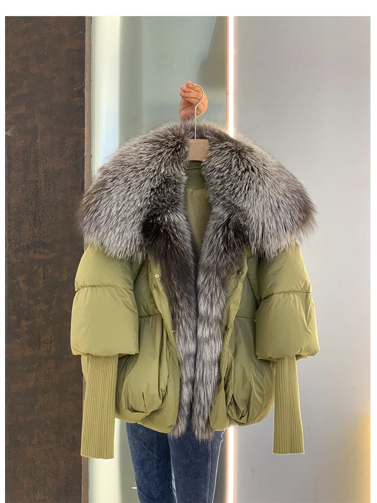 Oversized Winter Warm Real Fox Fur Collar Black Down Coat Women Puffer Outerwear Jackets 2024 Autumn Winter
