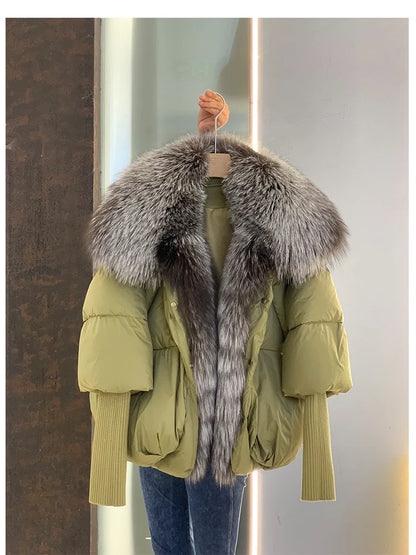 Oversized Winter Warm Real Fox Fur Collar Black Down Coat Women Puffer Outerwear Jackets 2024 Autumn Winter